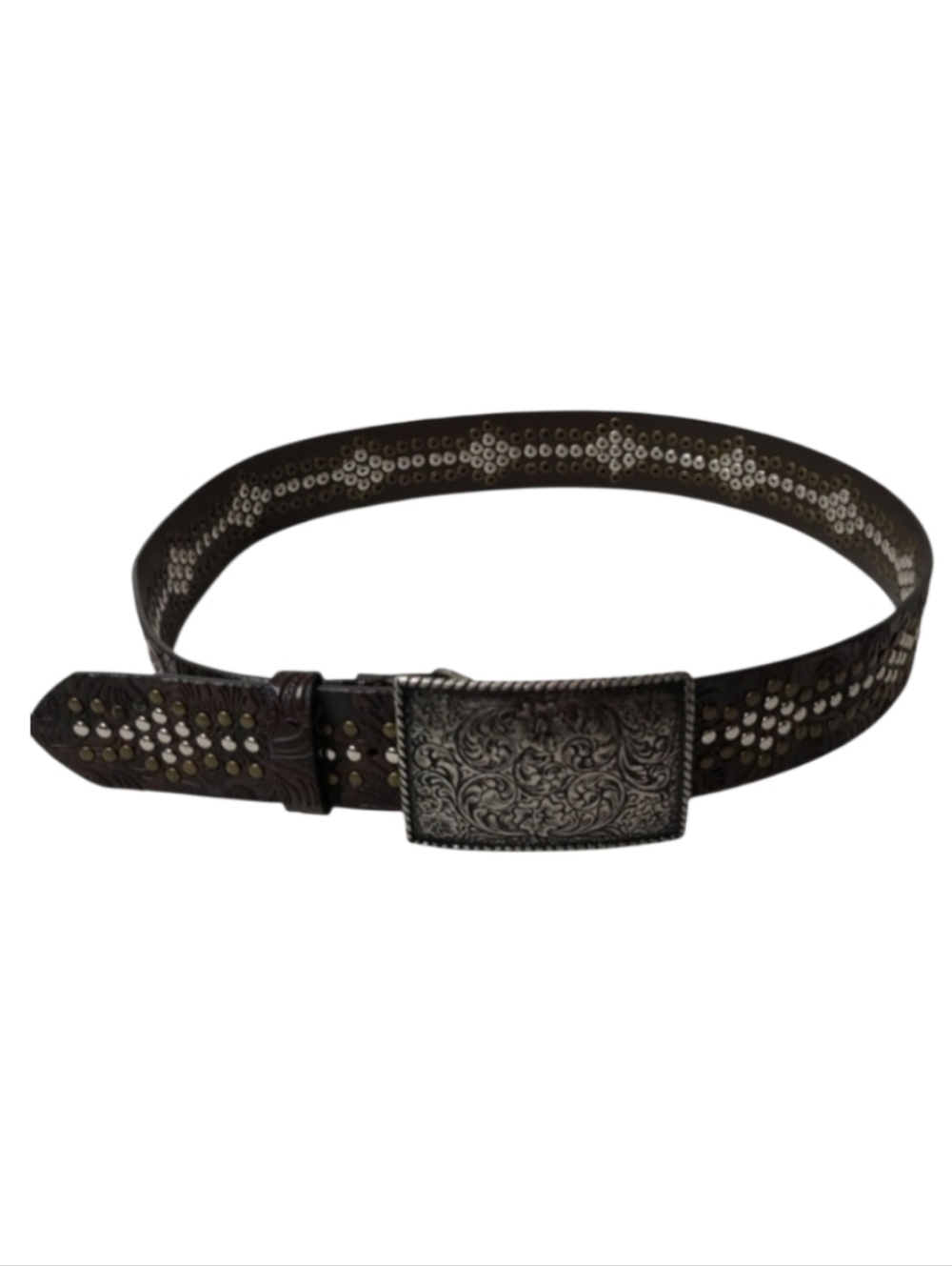 Vintage Y2K Perry Ellis Western Belt Embellished Scroll Design Faux Leather Brwn